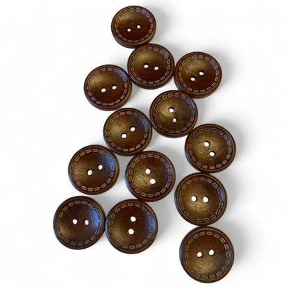 Brown wooden buttons with decorative stitching.