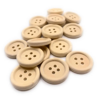 Pile of wooden four-hole buttons.