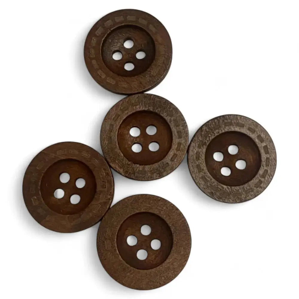 Five brown, four-hole buttons.