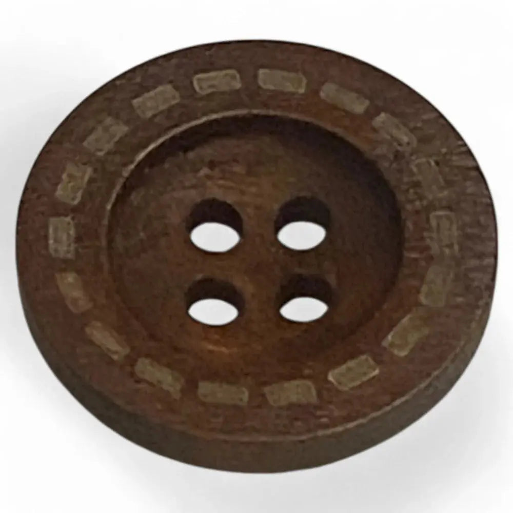 Round, brown, four-hole button with decorative rim.