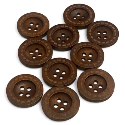 Ten brown wooden buttons.