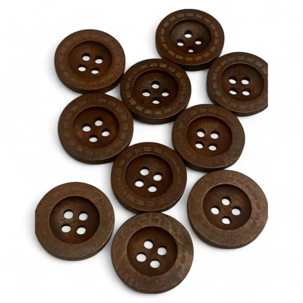 Ten brown wooden buttons.