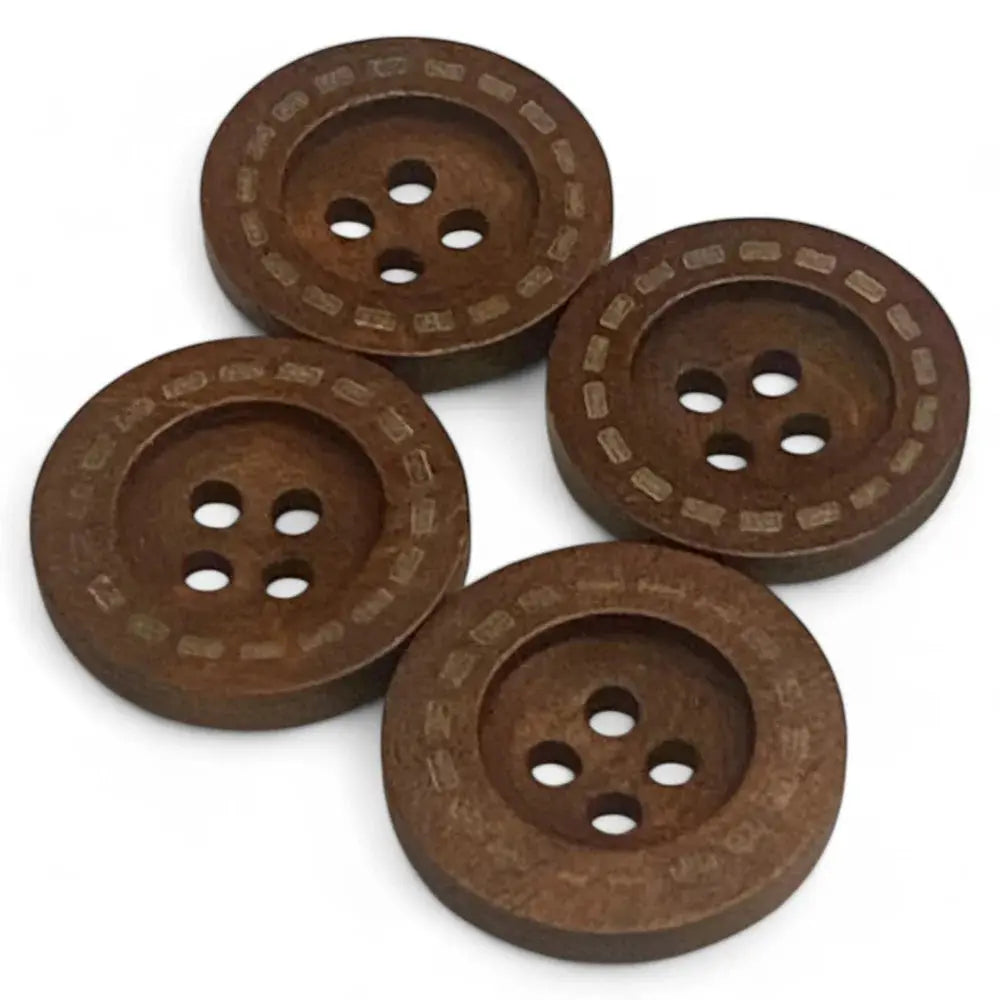 Four brown, round, four-hole buttons.