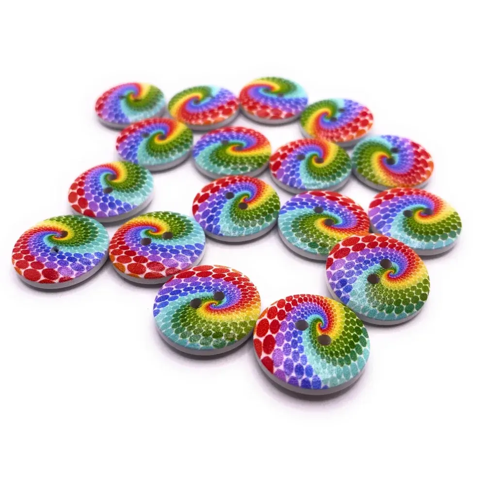 Colorful spiral-patterned buttons.