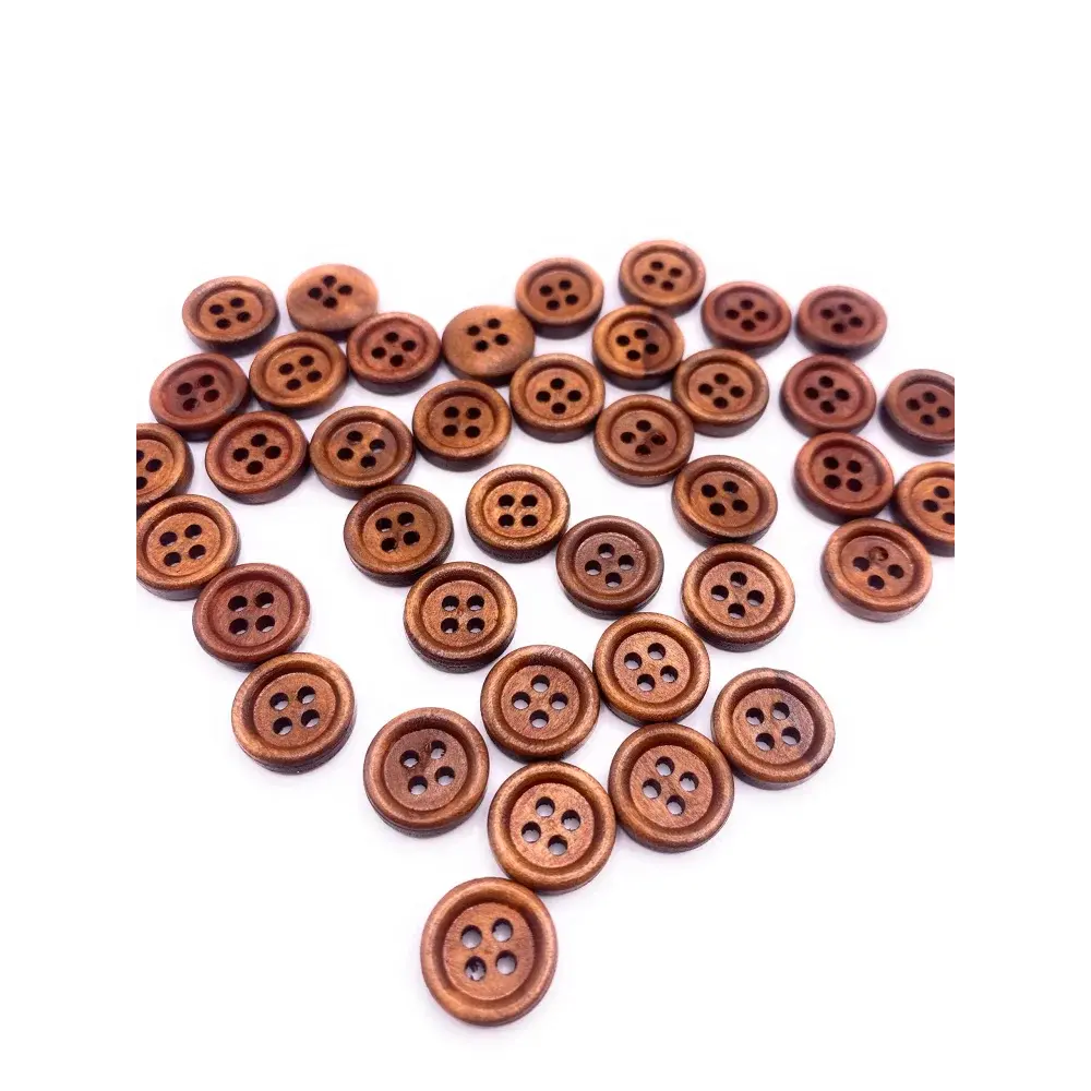Brown wooden four-hole buttons.