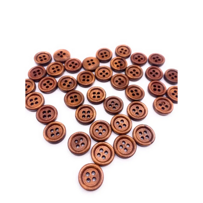 Brown wooden four-hole buttons.