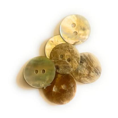 Pile of iridescent, two-holed buttons.