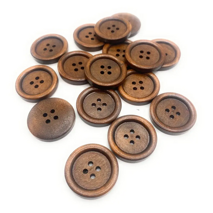 Pile of brown wooden four-hole buttons.