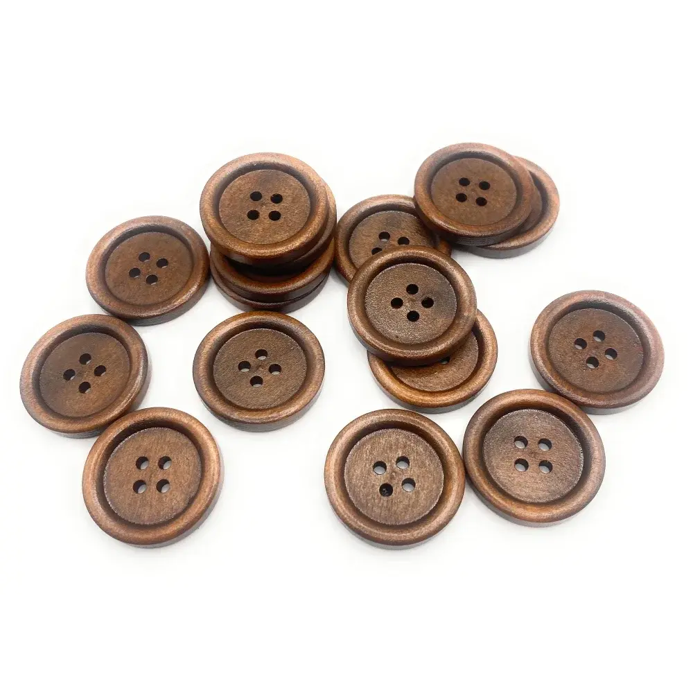Round, brown, four-hole wooden buttons.