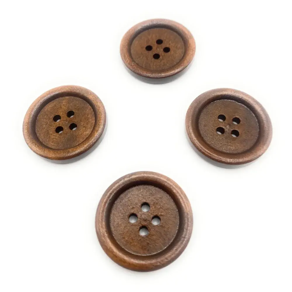 Four brown wooden sewing buttons.