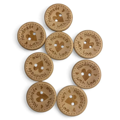 Round, brown, ’Handmade with Love’ buttons.