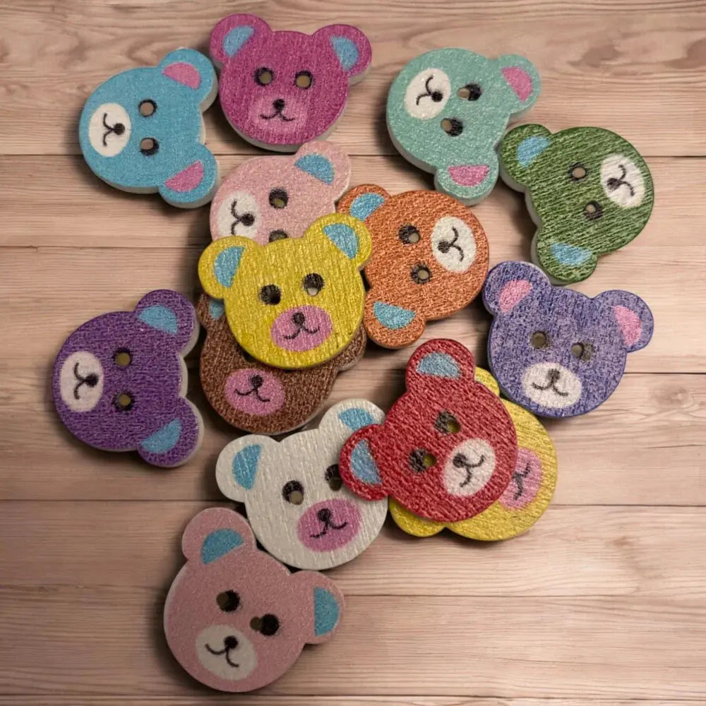 Colorful bear-shaped wooden buttons.