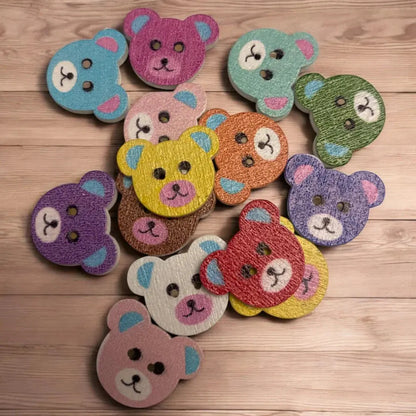 Colorful bear-shaped wooden buttons.
