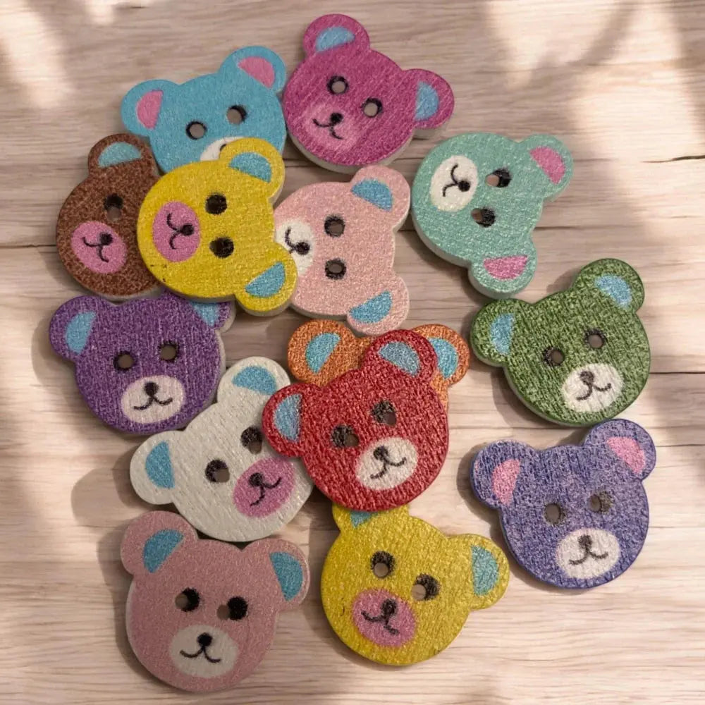 Colorful wooden bear buttons.
