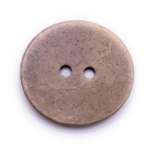 Two-hole, bronze-colored button.
