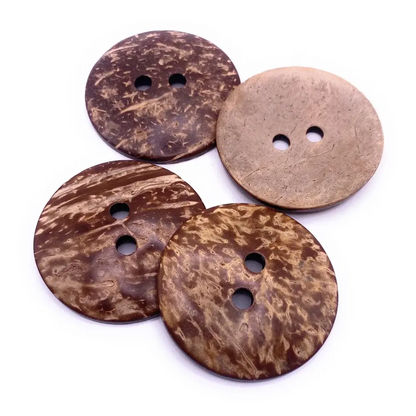 Four round, brown, coconut shell buttons.