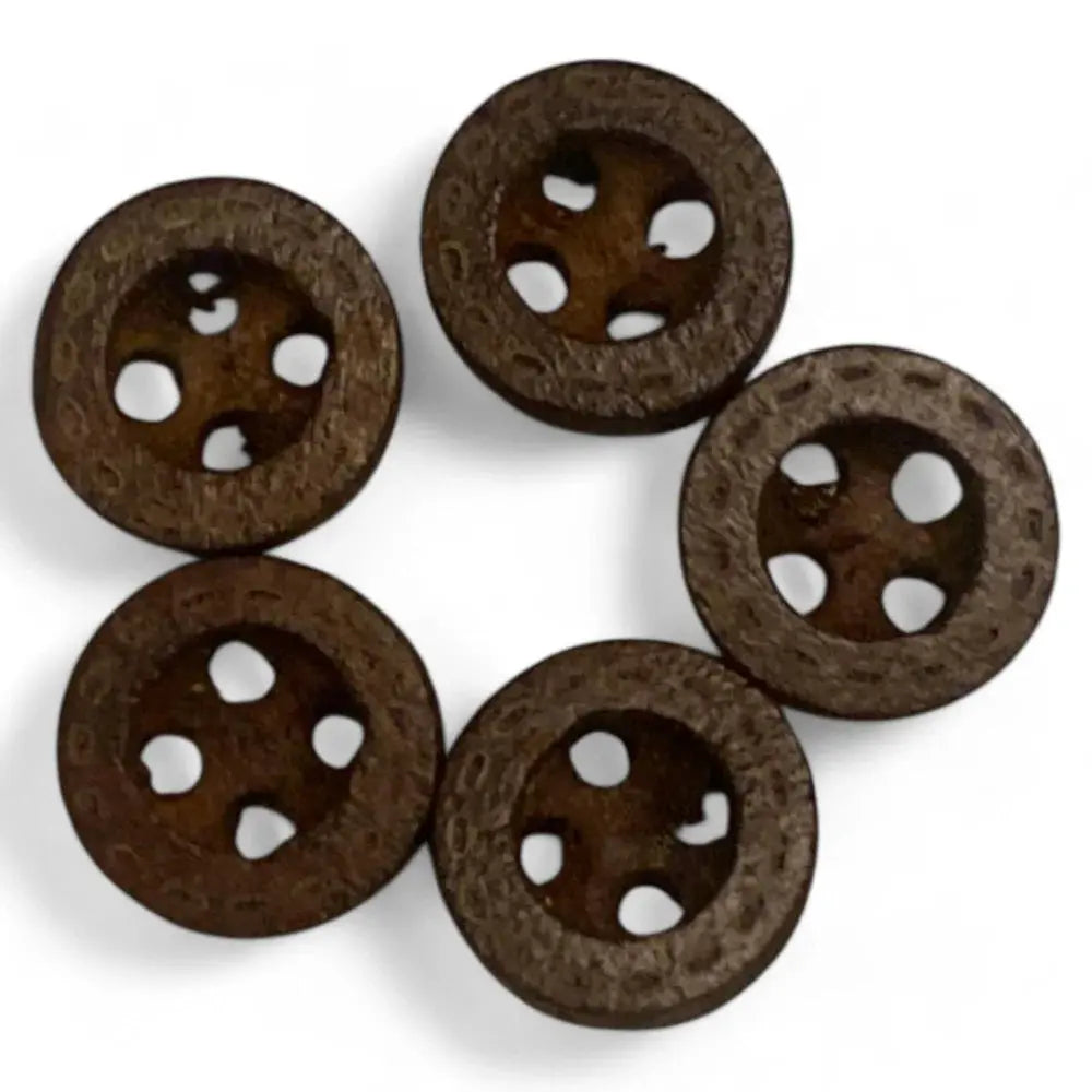 Five brown, round, four-hole buttons.