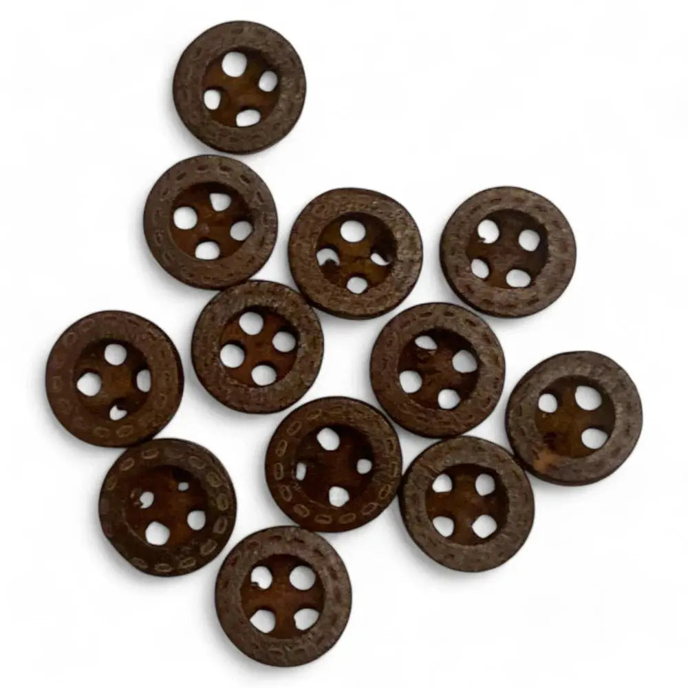 Brown, four-hole wooden buttons.