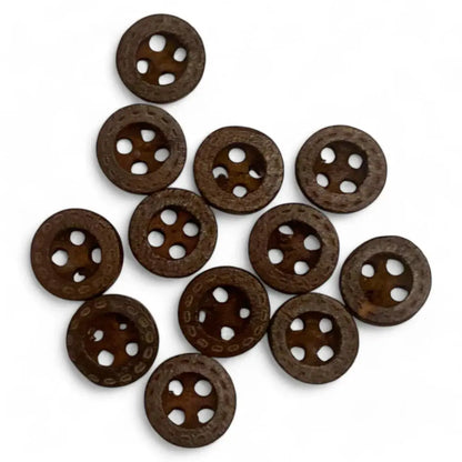 Brown, four-hole wooden buttons.