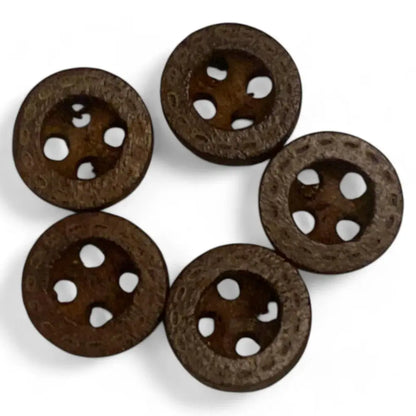 Five brown, round, four-hole buttons.