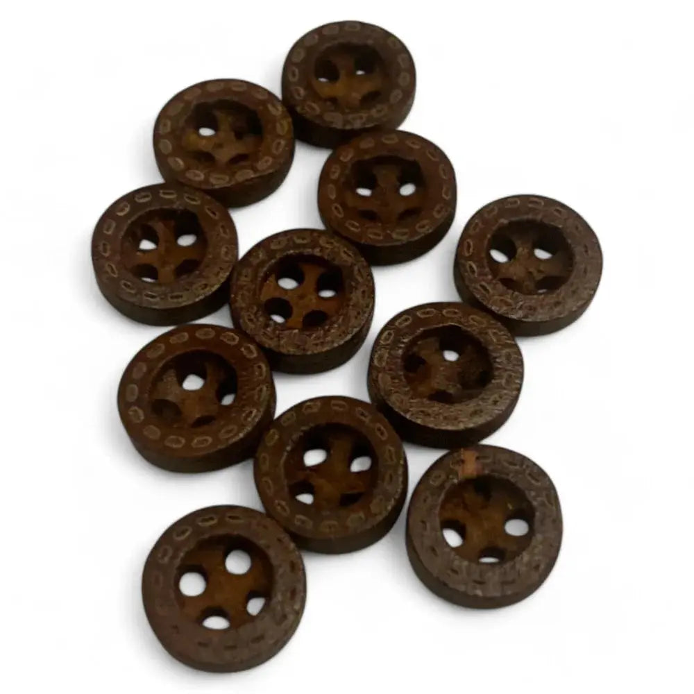 Brown, four-hole, patterned buttons.