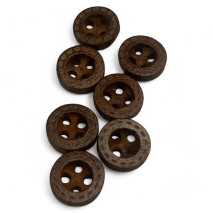 Seven brown, four-hole buttons.