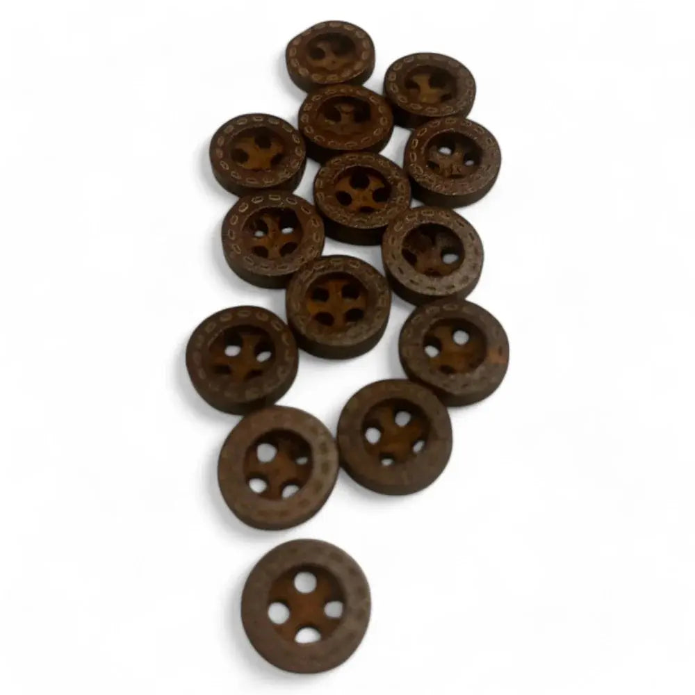 Brown, round, four-hole buttons.