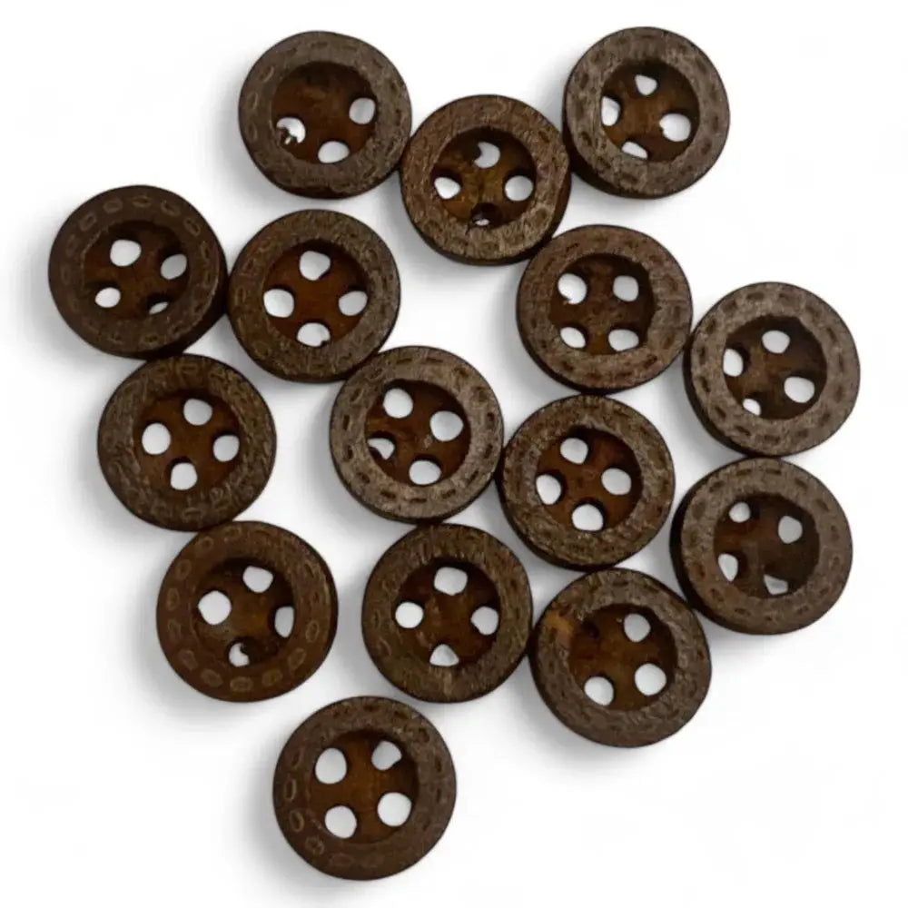 Circular brown wooden buttons with four holes.