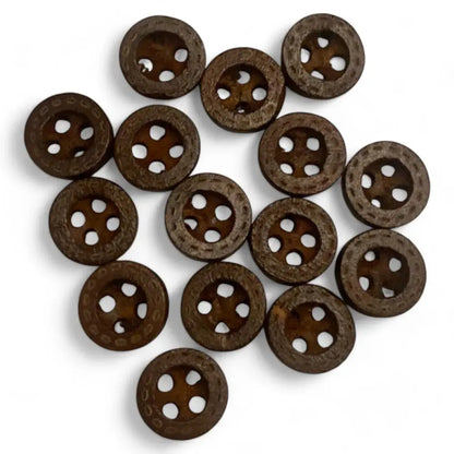 Circular brown wooden buttons with four holes.