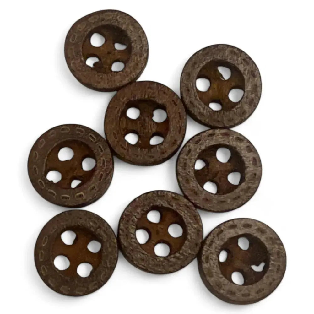 Brown wooden sewing buttons.