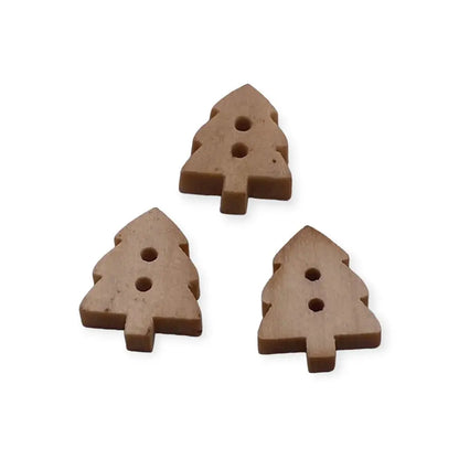 Three brown wooden Christmas tree buttons.