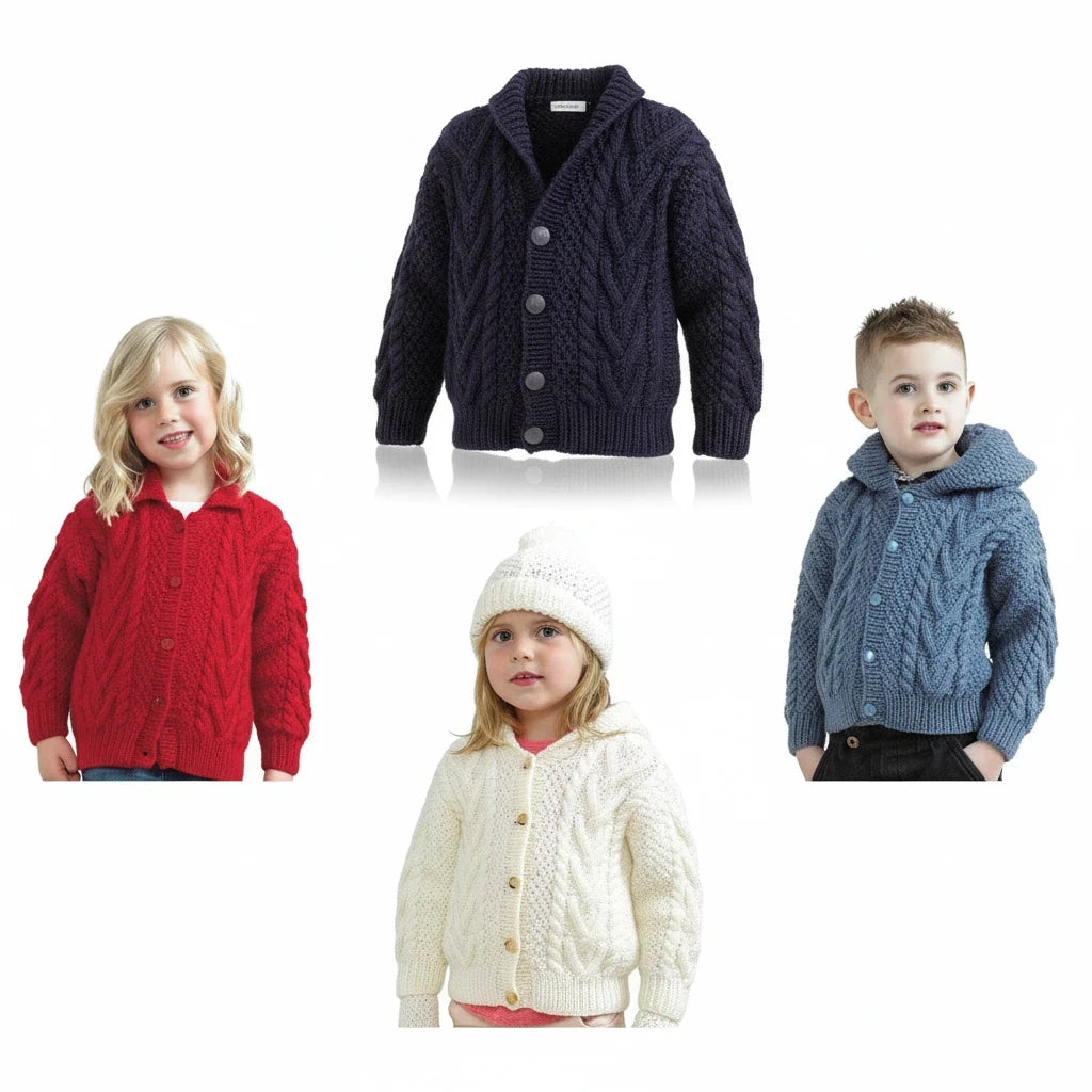 KnitForLess children's aran jacket knitting pattern set featuring various colors of textured knit sweaters and hats.