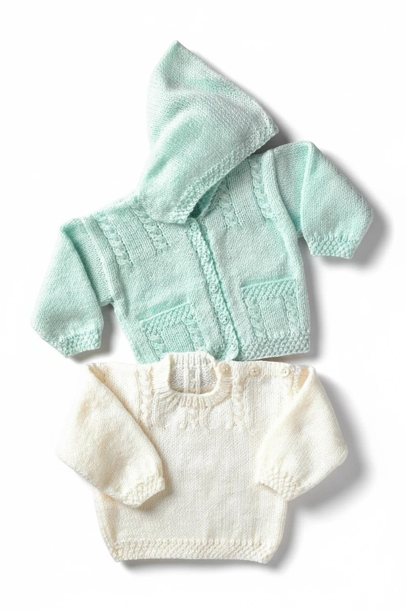 KnitForLess UKHKA knitting pattern for a mint green hooded cardigan and a white sweater with cable detailing.