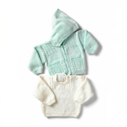 KnitForLess UKHKA knitting pattern for a mint green hooded cardigan and a white sweater with cable detailing.