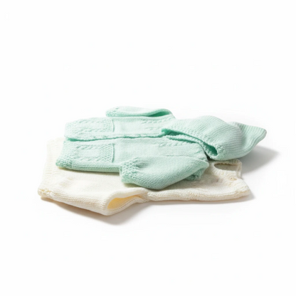 KnitForLess UKHKA baby hooded cardigan and sweater knitting pattern featuring soft mint green and cream wool garments