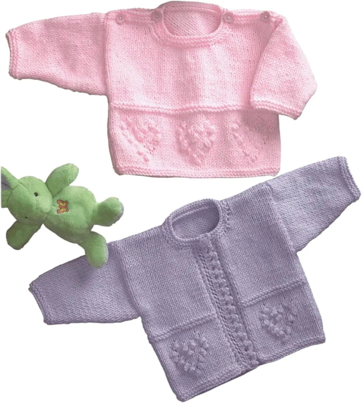 KnitForLess baby sweaters knitted with soft DK yarn in baby pink and light purple with heart pattern details