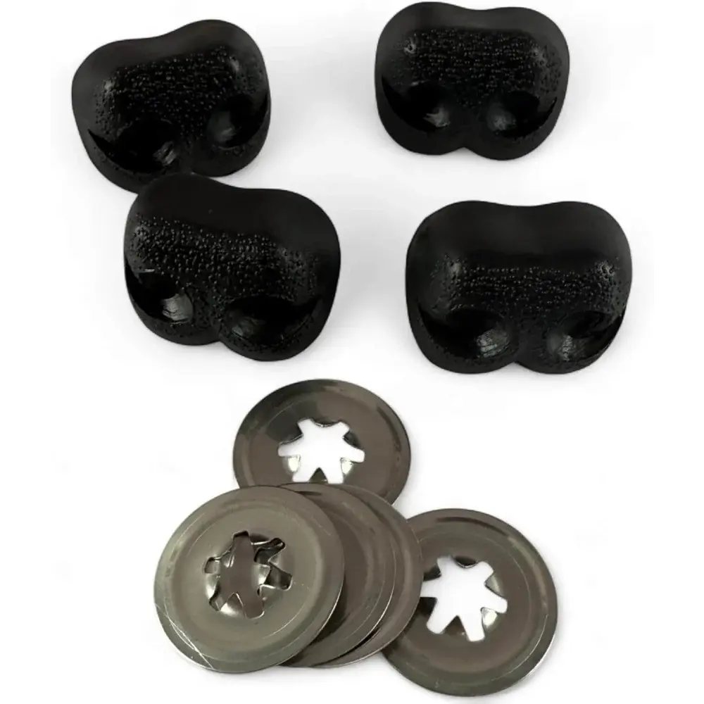 Black rubber bumpers and metal washers.
