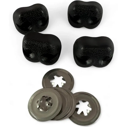 Black rubber bumpers and metal washers.