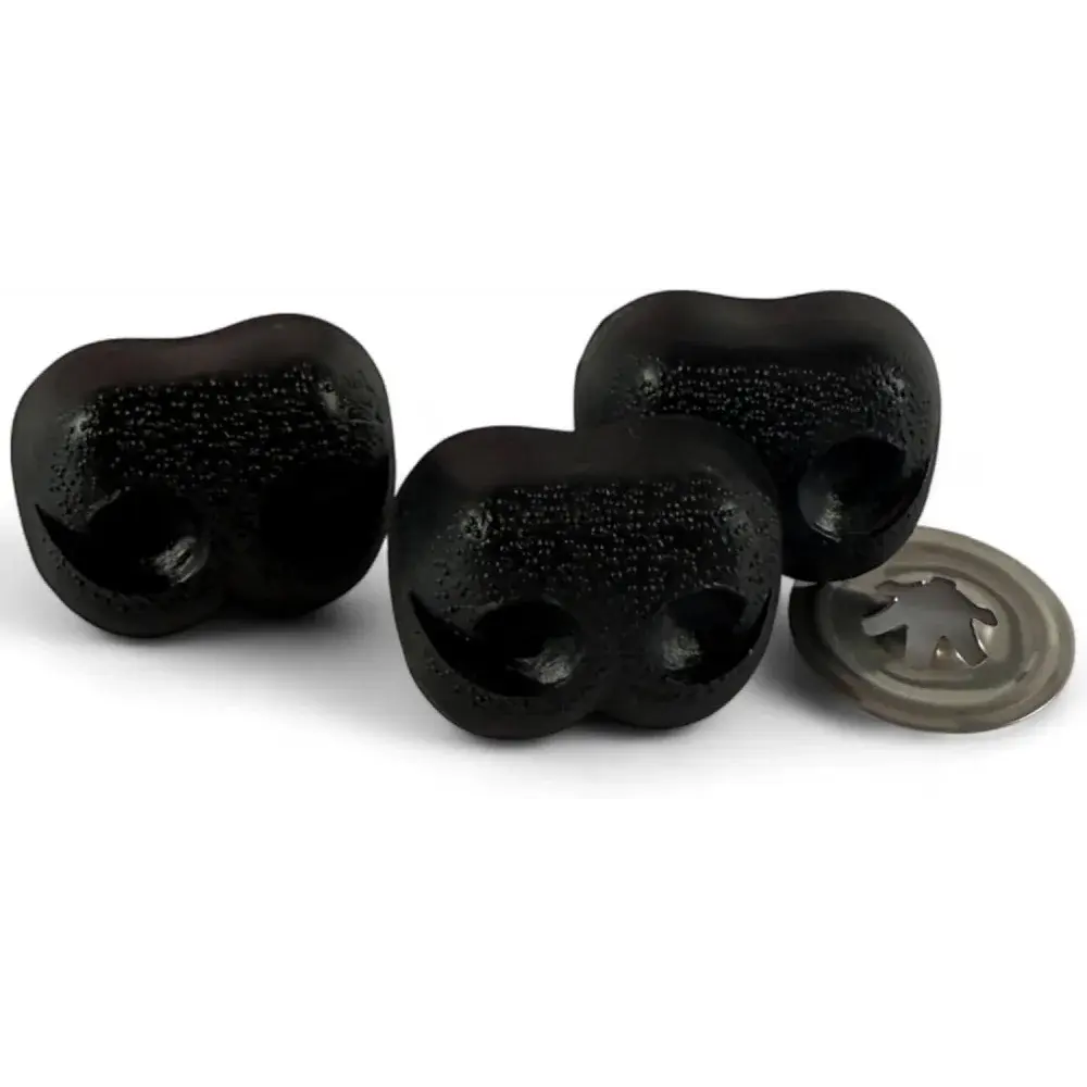 Three black, textured, double-lobed safety eyes with a gray washer.