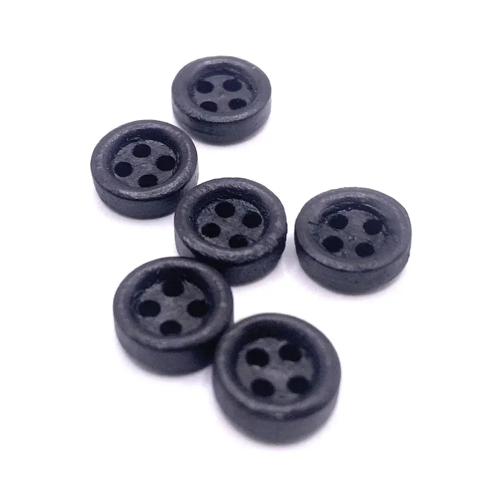 Six black, round, four-hole buttons.