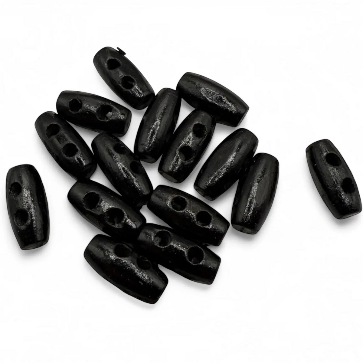 KnitForLess black wooden mini barrel toggle buttons for baby cardigans and craft sewing projects