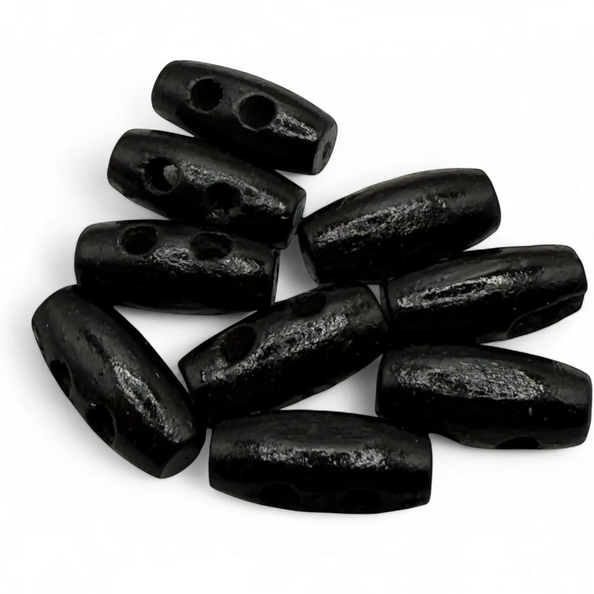 KnitForLess black wooden mini barrel toggle buttons for baby cardigans and craft sewing projects