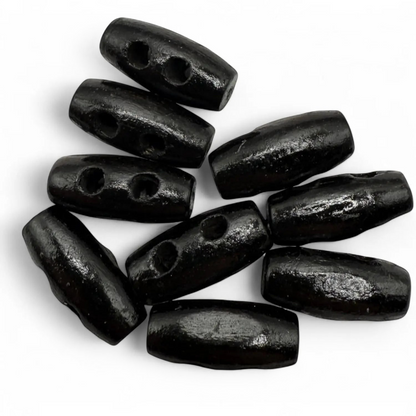 KnitForLess black wooden mini barrel toggle buttons for baby cardigans and craft sewing projects