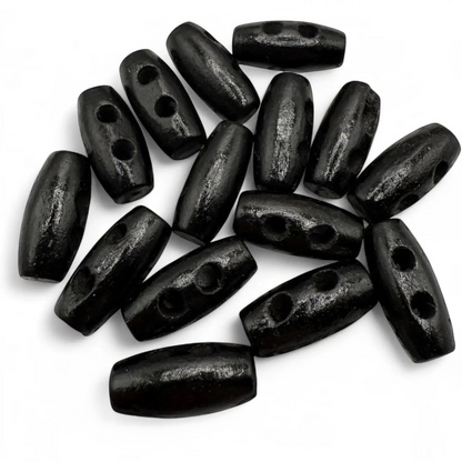 KnitForLess black wooden mini barrel toggle buttons with two holes for baby cardigans and craft sewing projects