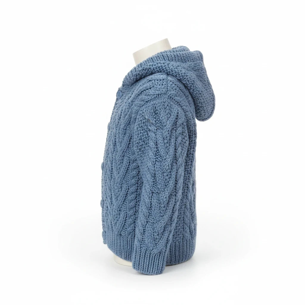 KnitForLess blue children's aran hooded jacket with textured cable knit pattern on a mannequin