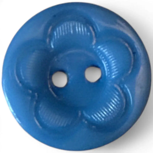 Blue flower-shaped button with two holes.