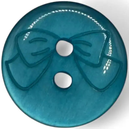 Teal button with bow design.