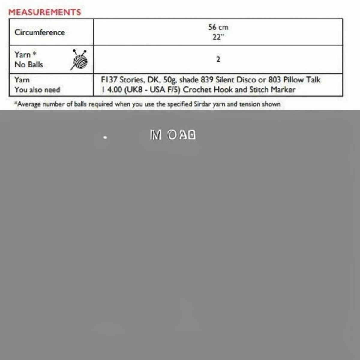KnitForLess crochet bucket hat pattern measurement chart showing yarn requirements and hook size for beginners