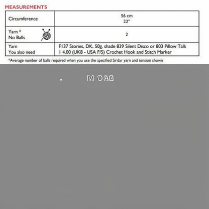KnitForLess crochet bucket hat pattern measurement chart showing yarn requirements and hook size for beginners
