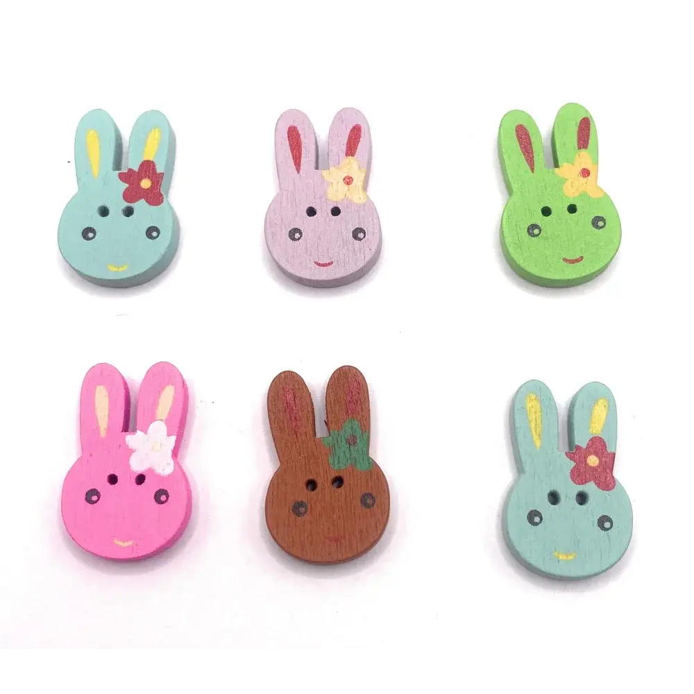 Colorful wooden bunny buttons.